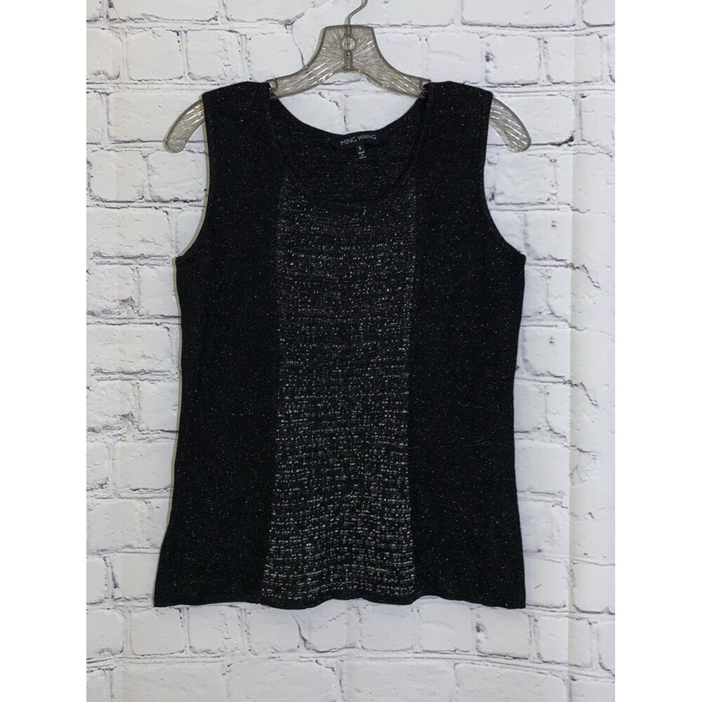 Ming Wang Tank Top Small Black Gold Metallic Acrylic Knit Sleeveless Pullover